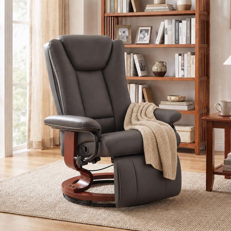 Dark gray manual swivel recliner with footrest, high back and wide padded armrests