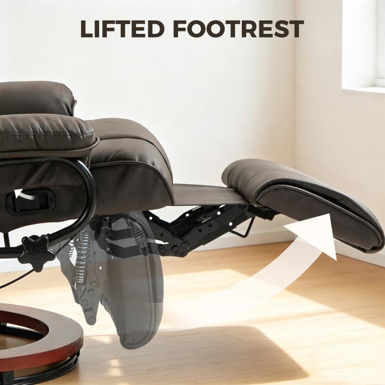 Manual recliner footrest mechanism with dark gray padded cover on swivel base