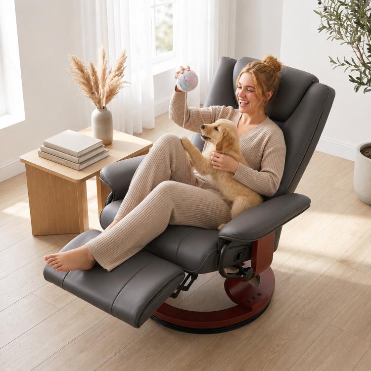 Dark gray manual swivel recliner with footrest, reclining seat and padded headrest