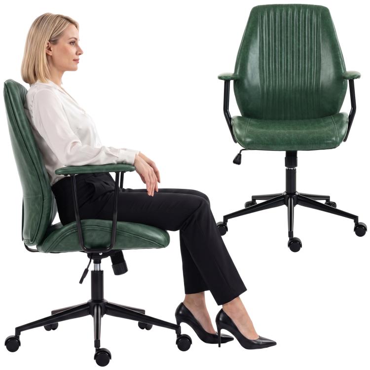 Green mid-back office chair with PU leather-look padding, armrests, and swivel base