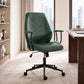 Green mid-back office chair with wide backrest, armrests, and five-wheel swivel base