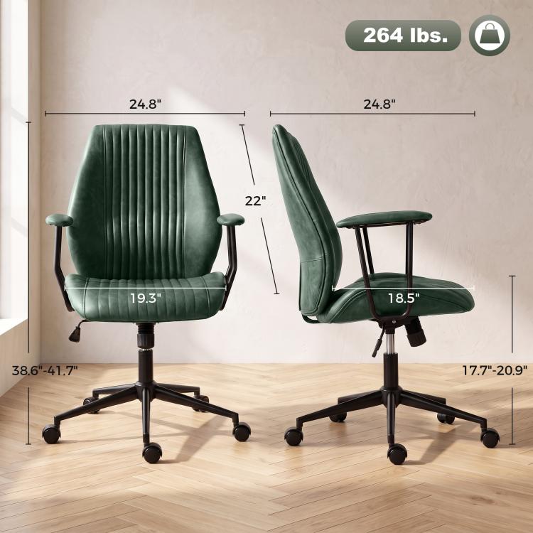 Green mid-back office chair with two angles shown, including seat and height diagram