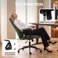 Green mid-back office chair shown reclining with tilt function diagram