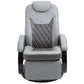 Gray swivel recliner chair with headrest, padded arms, and quilted back panel.