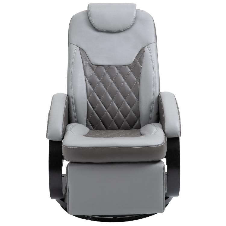 Gray swivel recliner chair with headrest, padded arms, and quilted back panel.