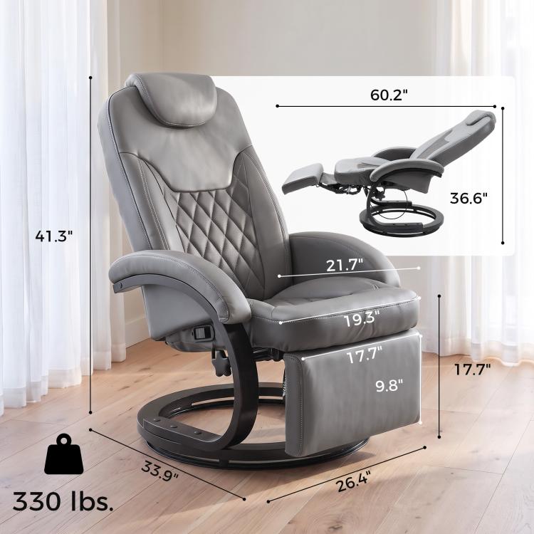 Gray recliner chair with headrest, quilted back, and attached footrest on round base.
