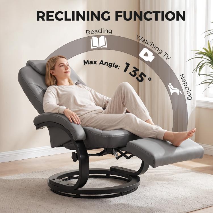 Gray swivel recliner chair reclined with headrest and footrest extended on round base.