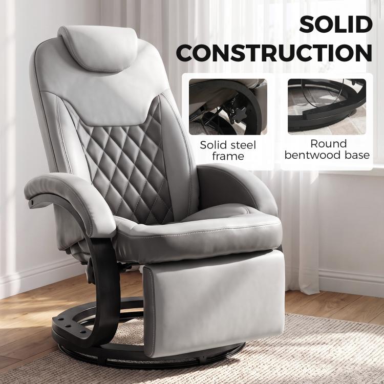 Gray swivel recliner chair with tufted back and rounded black base platform detail.