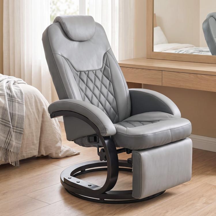 Gray swivel recliner chair with tufted back and padded headrest on round base.