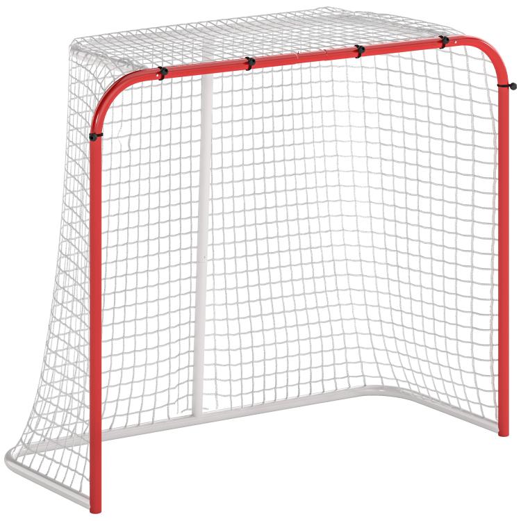 6x4 street hockey goal with red steel frame and white PE mesh net
