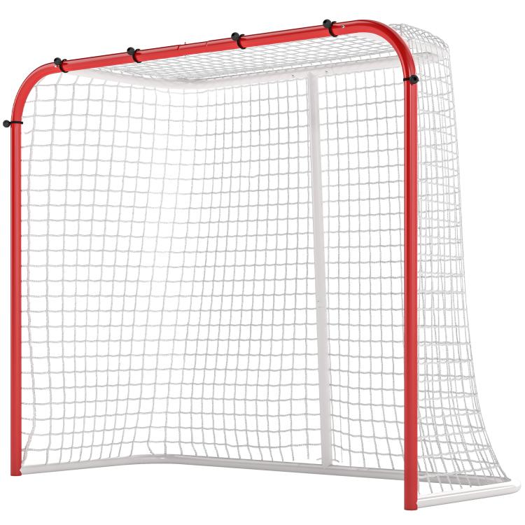 Street hockey goal with red steel frame and white mesh net, side view