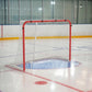 Street hockey goal with red steel frame and white mesh net, arched target