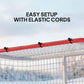 Red frame hockey goal with elastic cords attaching the white mesh net
