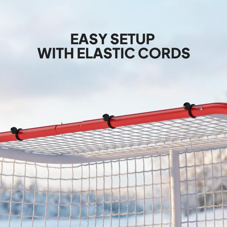 Red frame hockey goal with elastic cords attaching the white mesh net