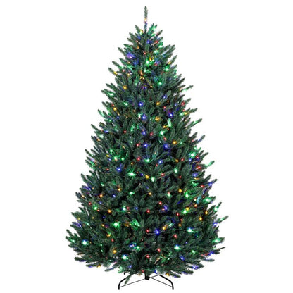 Prelit Colorado blue spruce Christmas tree with multicolored LED lights and hinged stand