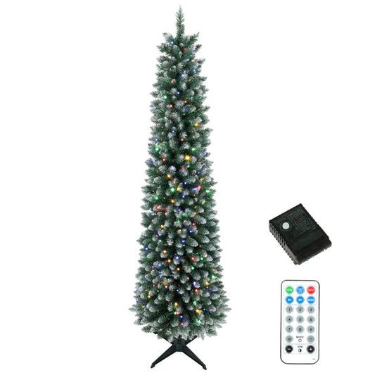 Prelit flocked pencil Christmas tree, green with multicolor lights, includes control module