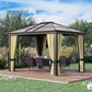 Hardtop gazebo with beige curtains and black frame on outdoor deck