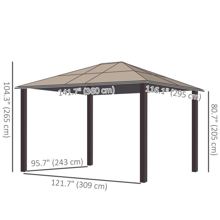 Hardtop gazebo canopy size diagram with roof and post dimensions, black frame