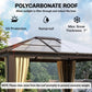 Hardtop gazebo canopy with beige curtains and black frame, polycarbonate roof