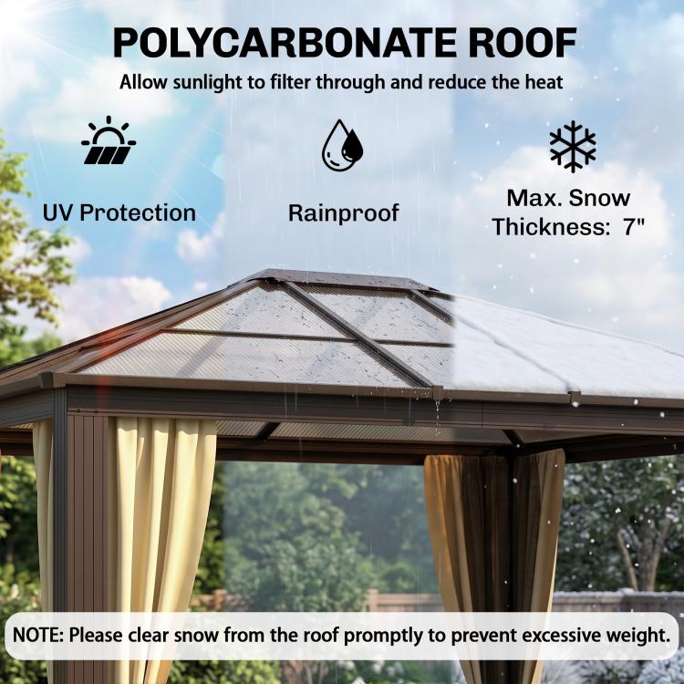 Hardtop gazebo canopy with beige curtains and black frame, polycarbonate roof