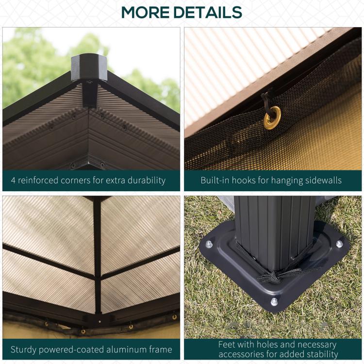 Hardtop gazebo frame details showing reinforced corners and padded base feet