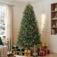 Tall artificial Christmas tree with green needles and warm white light strands