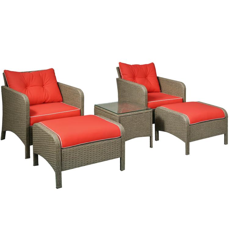 Outdoor rattan lounge chair set with two ottomans, red cushions, brown wicker frame