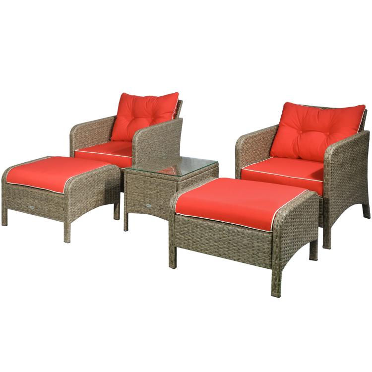 Brown wicker lounge chairs with red seat and back cushions plus matching ottoman tops