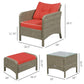 Rattan lounge chair and ottoman dimensions shown; brown wicker with red cushions