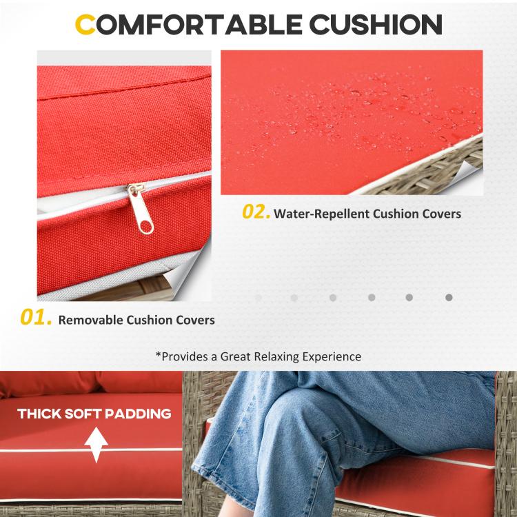 Red cushion covers with water-repellent fabric look and thick soft padding detail