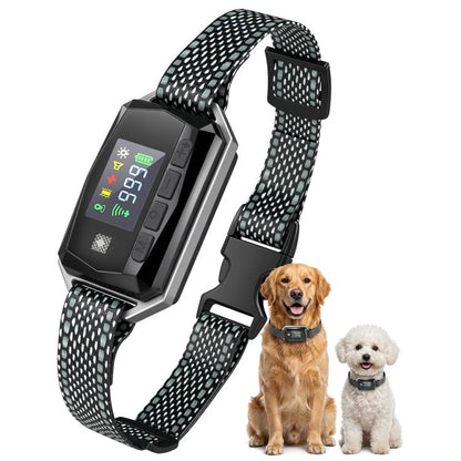 Dog training collar receiver with dark patterned strap and illuminated display screen