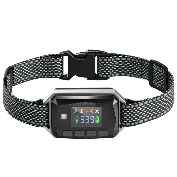 Close-up dog training collar receiver with patterned strap and digital display