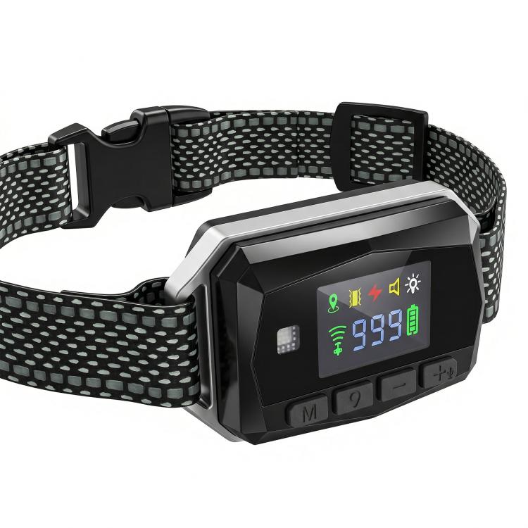 Black dog shock collar with perforated strap and LCD screen showing settings 399