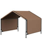 Brown portable dog shelter tent with open entry, arched roof, black metal legs