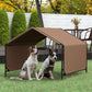 Brown dog shade shelter tent with open sides, black metal frame on lawn