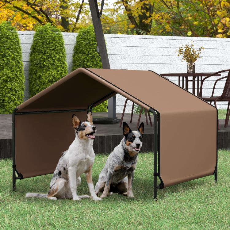 Brown dog shade shelter tent with open sides, black metal frame on lawn