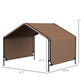 Brown portable dog shelter tent with size diagram, open front and black support legs
