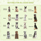 Dog shelter size guide infographic with dog breed silhouettes arranged in rows