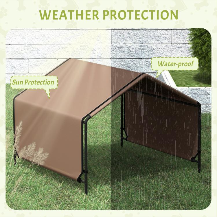 Dog shelter tent with weather protection infographic, sun protection and waterproof icon