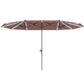 Tan patio umbrella open canopy with LED light strips along the edge