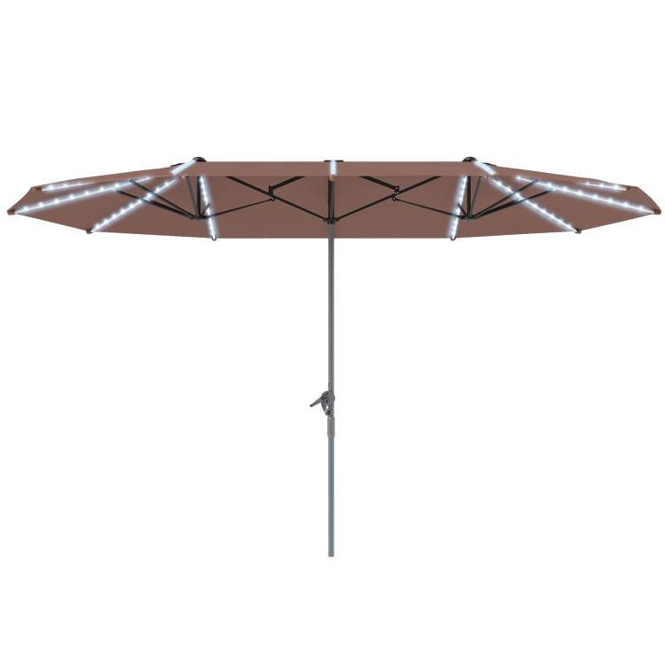 Tan patio umbrella open canopy with LED light strips along the edge