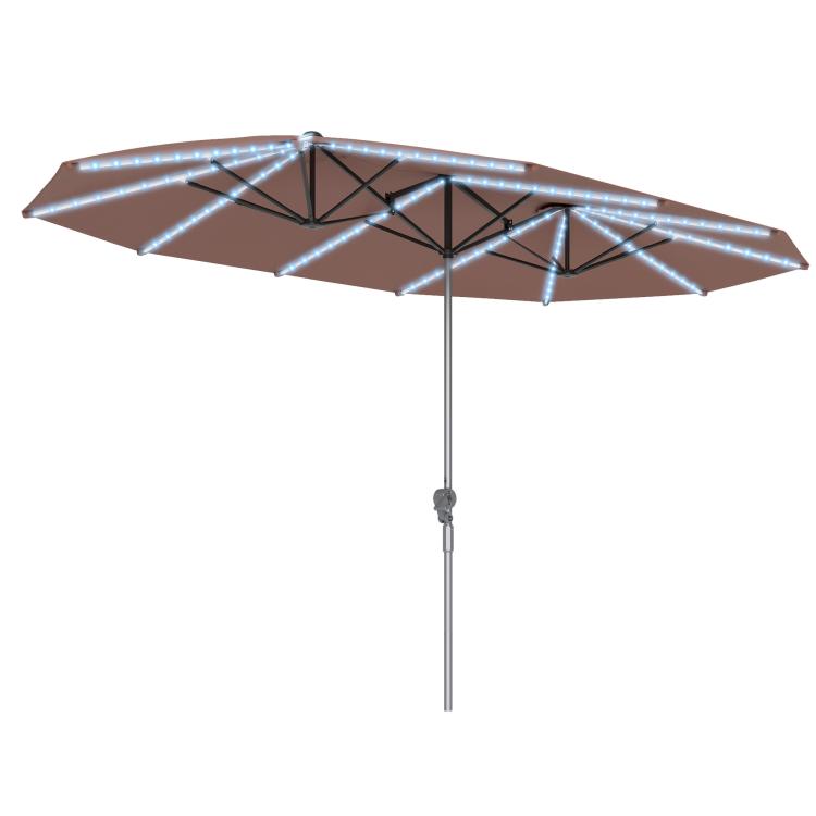 Tan solar patio umbrella canopy with LED light strips and center pole