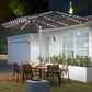 Tan patio umbrella with built-in white LED lights under the canopy
