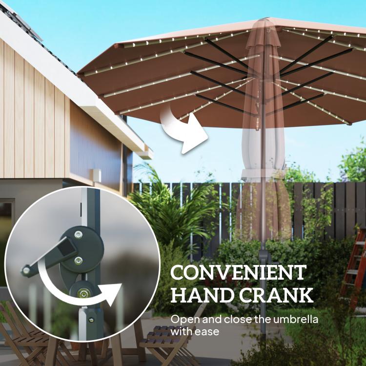 Tan patio umbrella with convenient hand crank and LED-lit canopy