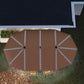 Tan patio umbrella canopy with evenly spaced white LED lights, top view