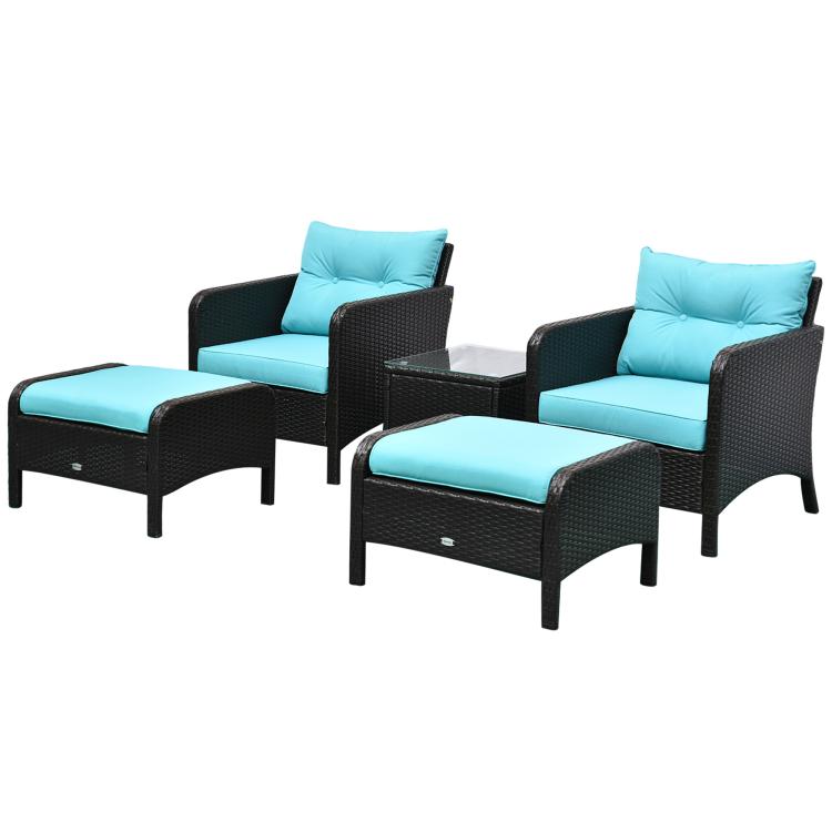 Two dark wicker lounge chairs with teal cushions, plus matching ottoman seats