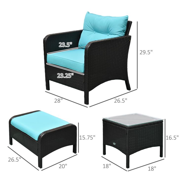 Dark wicker lounge chair and two ottomans with teal cushions; size diagram