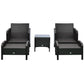 Two dark wicker lounge chairs with teal cushions and a matching ottoman side table