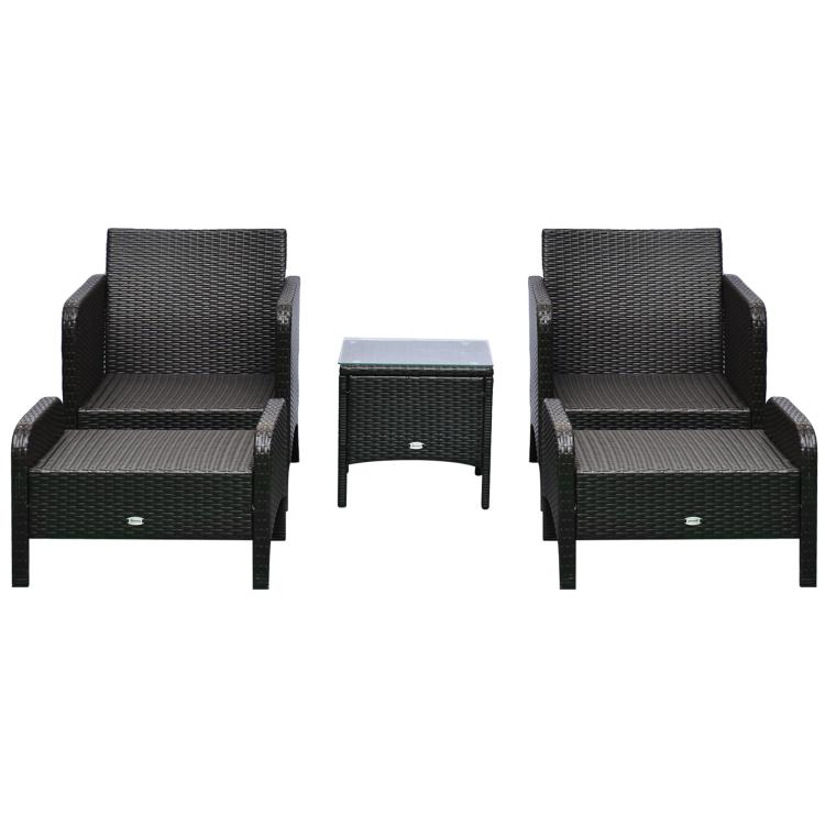 Two dark wicker lounge chairs with teal cushions and a matching ottoman side table