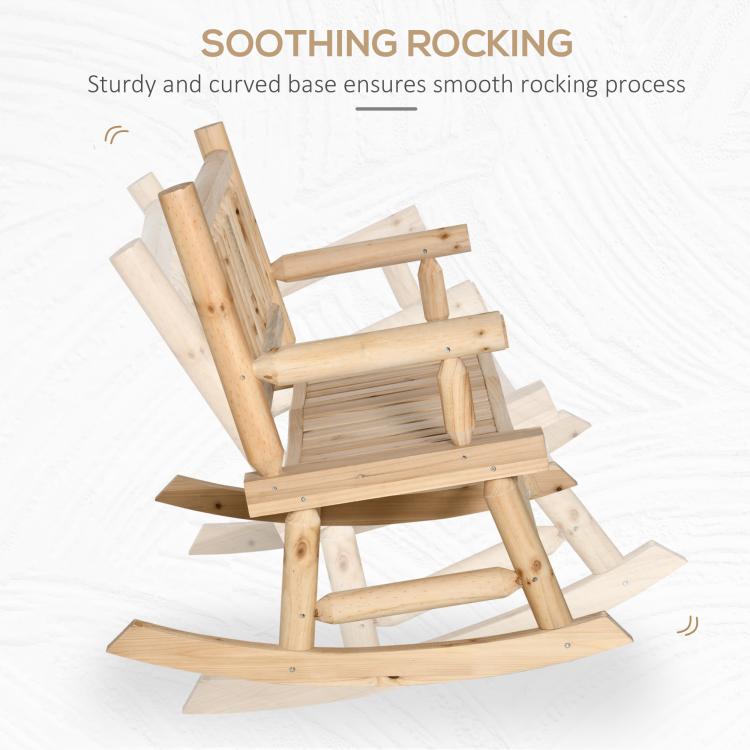 Natural wood heavy-duty rocking loveseat with curved base and slatted back